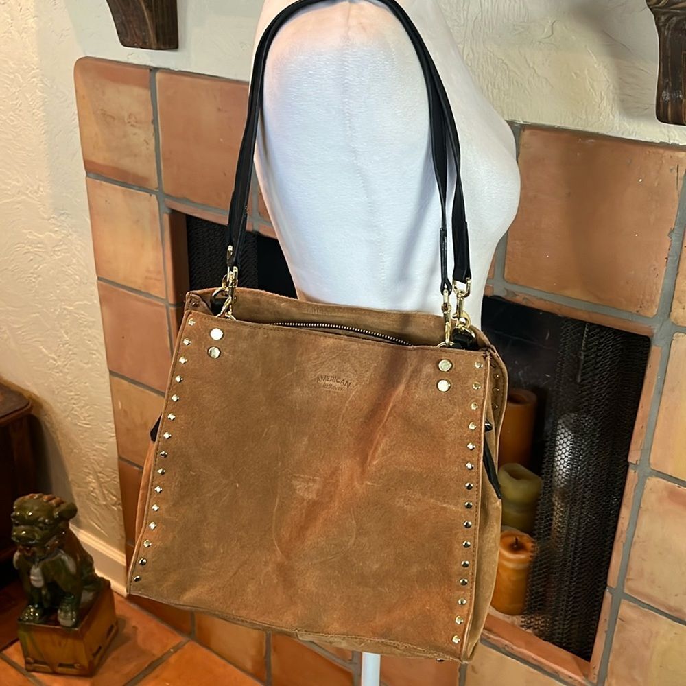 American Leather Co. Lenox Studded Tri-Entry Satchel, Nutmeg Suede/Black Leather